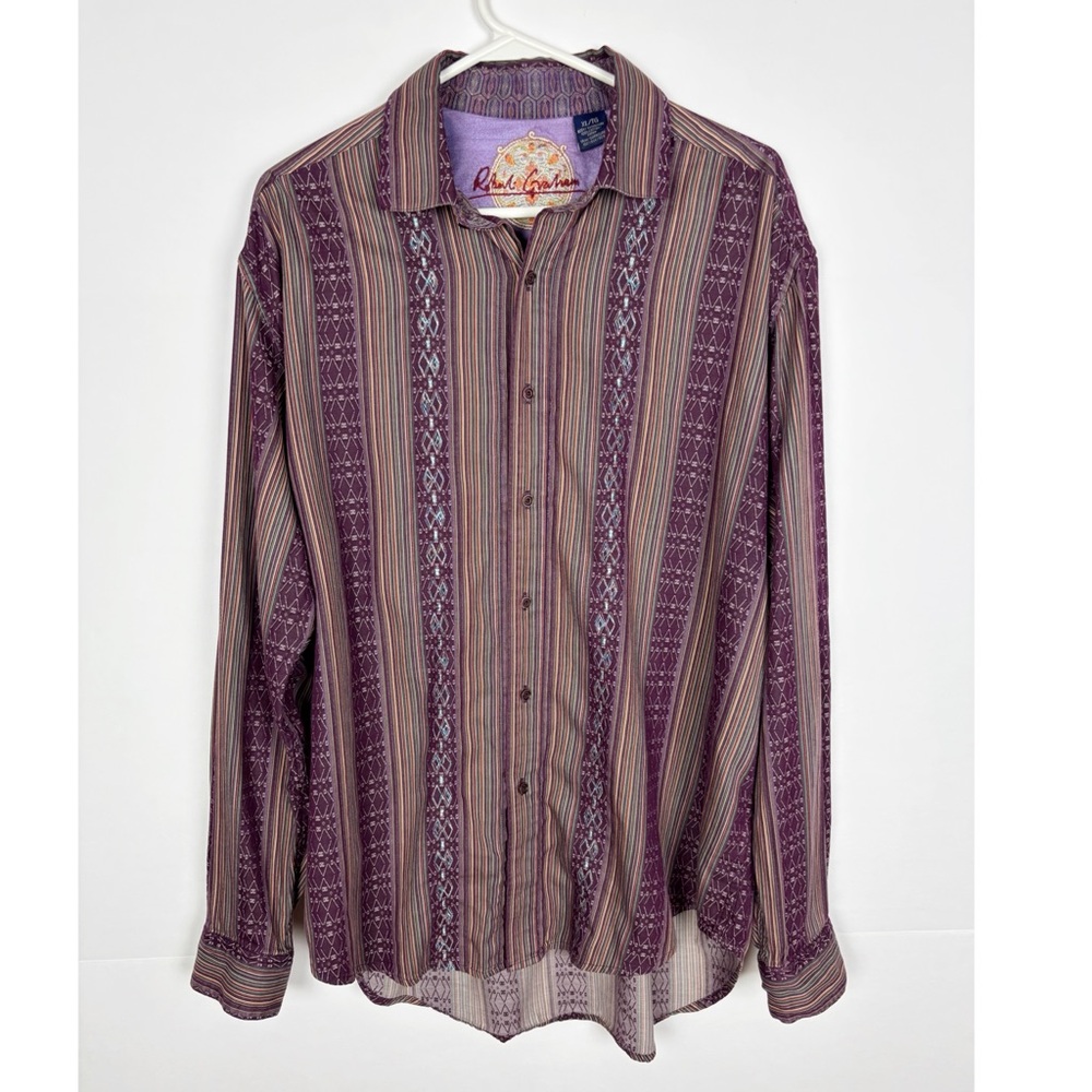 Robert Graham Button Up Shirt Men’s XL Flip Cuff Striped Embroidered Silk Trim